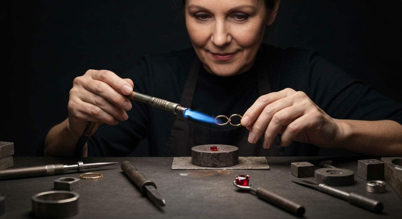 Atelier joaillier sertissage rubis dans monture griffes platine