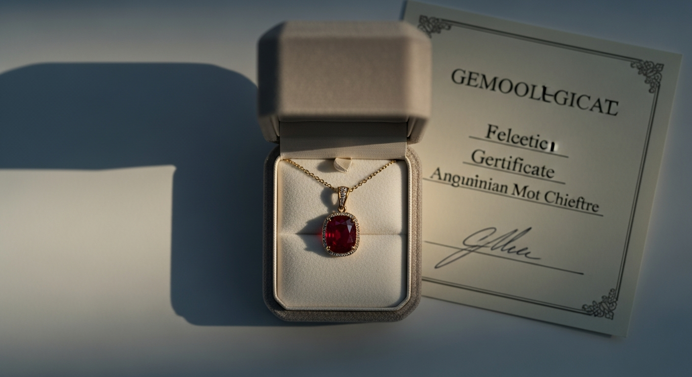 Certificat gemmologique rubis non chauffé avec pendentif en écrin